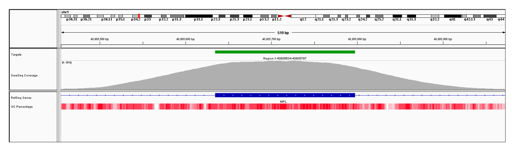 MPL Exon 5 (hg19 chr1:43805635-43805797). Depth of coverage per base (grey). Targeted region (green). Gene coding region as defined by RefSeq (blue). GC percentage (red). Image