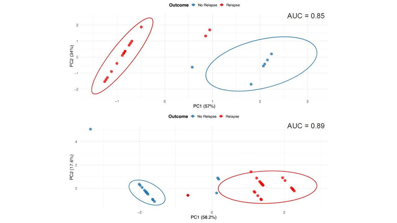 <b>Figure 6b.</b> The top panel shows a predictive model for relapse in patients with at least one tumor-informed variant with a VAF >0.1% post-induction, pre-alloHCT. The bottom panel shows a predictive model for relapse defined by either ≥1 tumor-informed variant with VAF >0.1% post-induction, pre-alloHCT, or detection of ≥1 tumor-informed variant in any post-alloHCT bone marrow sample.