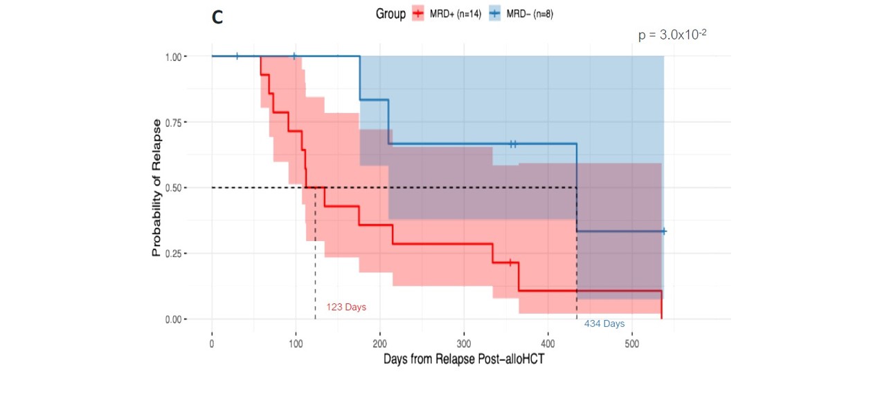<b>Figure 1c.</b> Kaplan–Meier analysis of relapse probability following alloHCT stratified by MRD status using a VAF threshold of >0.5% at the post-induction, pre–alloHCT time point. MRD+ patients had at least one tumor-informed variant detected with VAF >0.5% (n = 14), while MRD−patients had no variants detected above this threshold (n = 8) (log-rank p = 0.030).