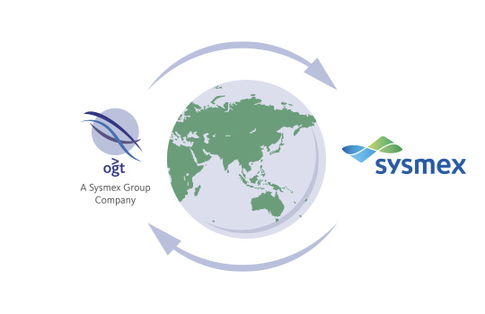 Graphic showing Oxford Gene Technology (OGT) and Sysmex logos circling a globe.