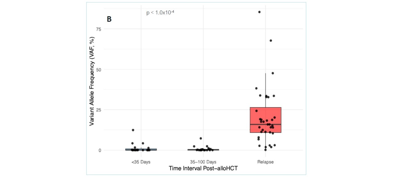 <b>Figure 2b.</b> Boxplot showing tumor-informed VAFs (%) detected in bone marrow specimens from the relapse cohort across specified post–alloHCT time points (one-way ANOVA, p < 1.0 × 10⁻⁴).
