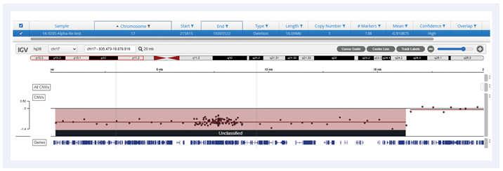 Figure 4: Example of a 16Mb deletion covering TP53 gene (del17p)
