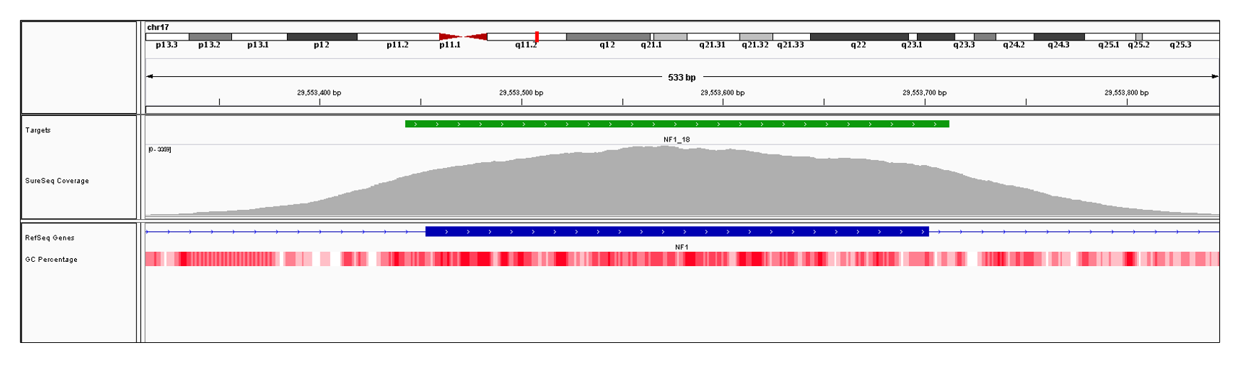 NF1 Exon 18 (hg19 chr17:29553453-29553702). Depth of coverage per base (grey). Targeted region (green). Gene coding region as defined by RefSeq (blue). GC percentage (red). Image