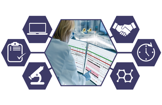 Next generation sequencing (NGS) laboratory scientist studying sequencing results on a computer screen.