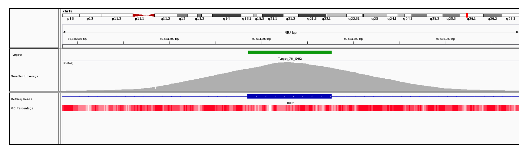 IDH2 Exon 2 (hg19 chr15:90634785-90634876). Depth of coverage per base (grey). Targeted region (green). Gene coding region as defined by RefSeq (blue). GC percentage (red). Image