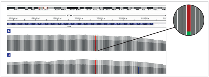 Figure 6: Comparison of the depth of coverage over a 3% EGFR L858R mutation in a severely formalin-compromised sample treated with FFPE repair mix (light grey) and not treated (dark grey).