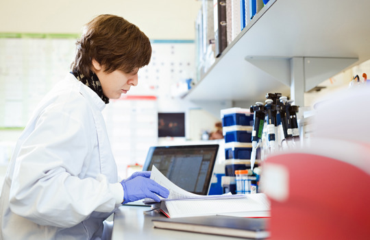 FISH laboratory scientist reviewing paperwork.