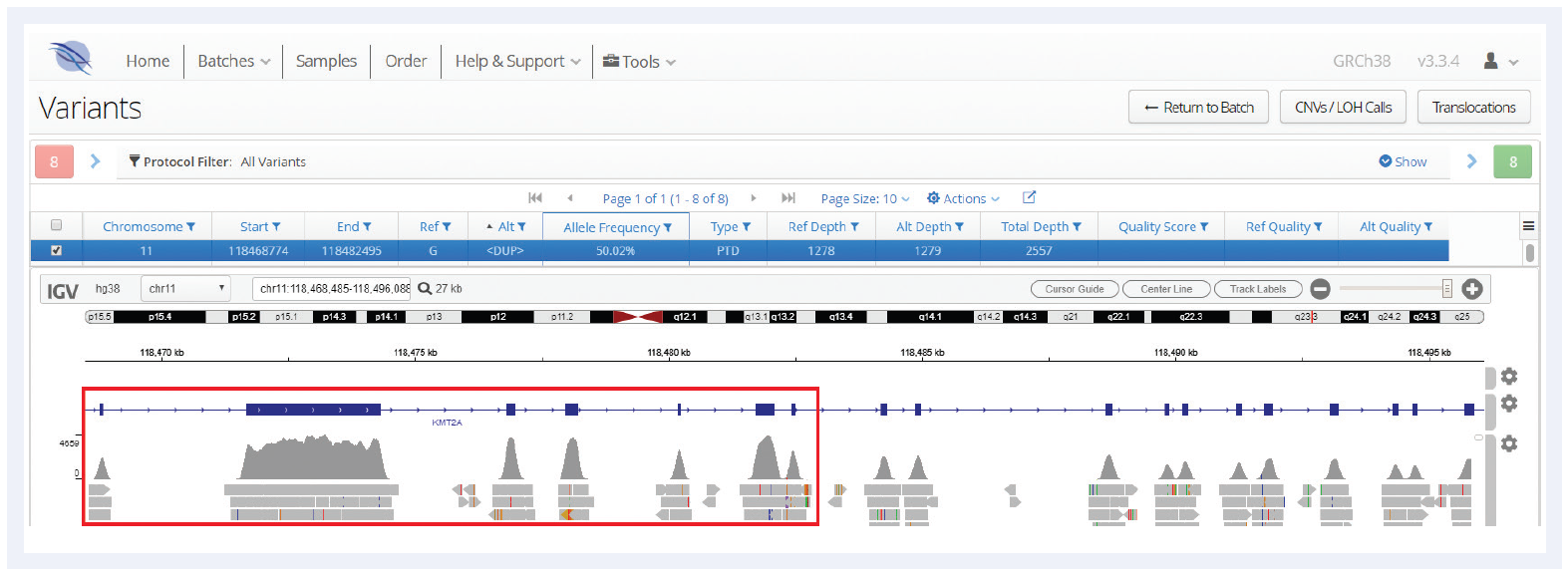 Figure 3: PTD detected spanning exons 2-8 of KMT2A by OGT’s Interpret NGS analysis software.